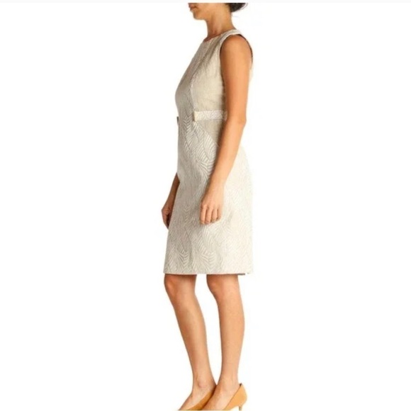 Calvin Klein Tan and Ivory Scuba Structured Sheath Dress Tropical Leaves Size 12 - Picture 2 of 12